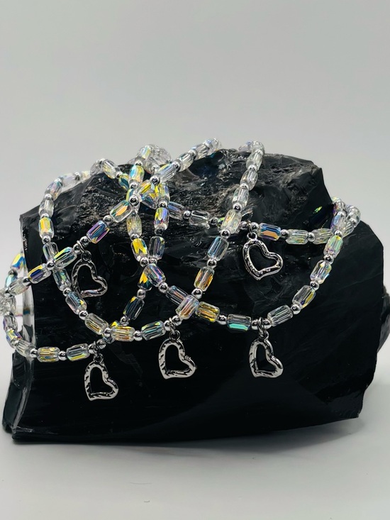 Jewelry - *Anklet* Silver Heart & AB Crystal Stretchy Ankle Bracelet